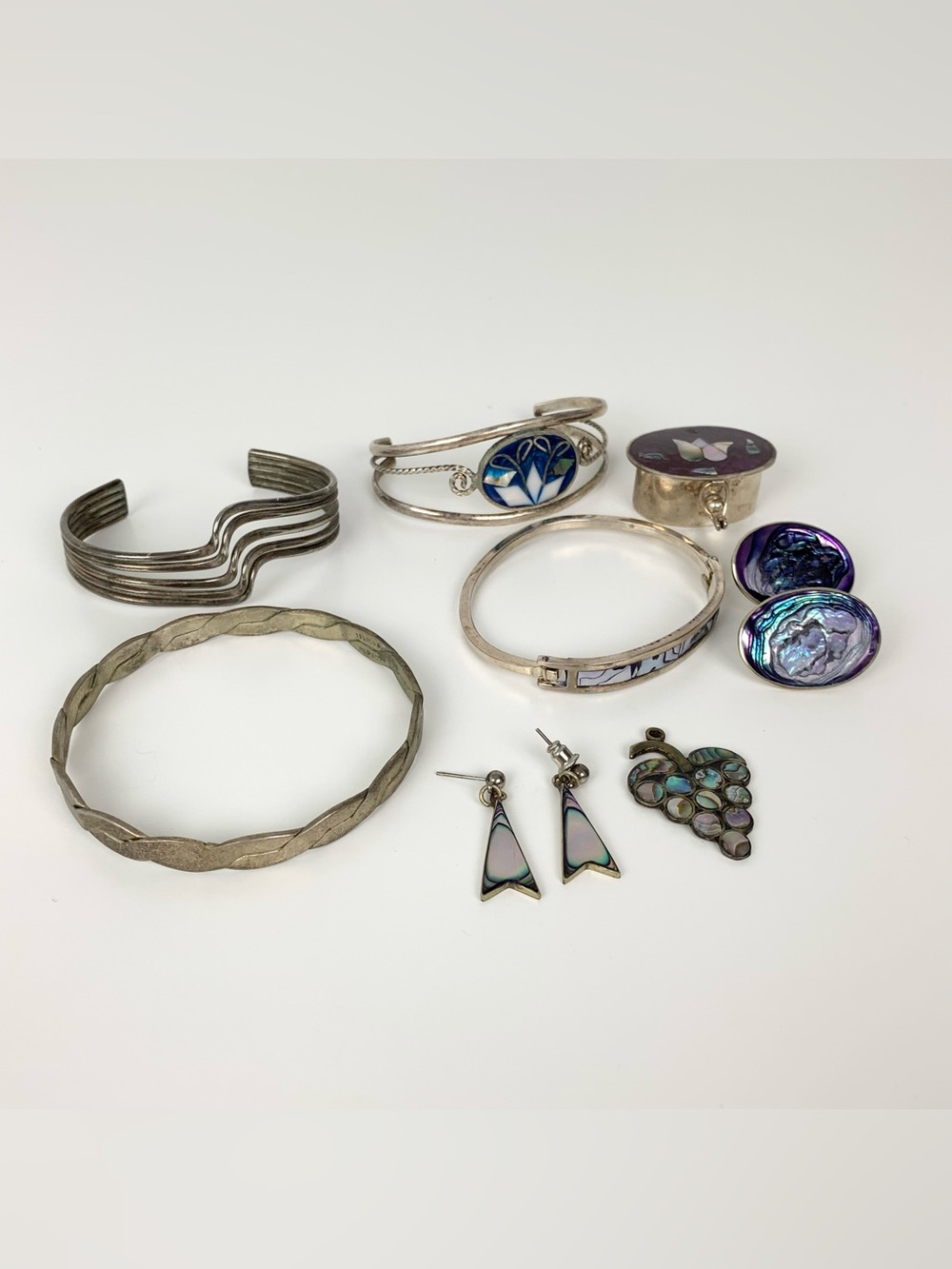 Alpaca Silver Lot Silver Tone Jewelry Bracelets Earrings Pendant Box Vtg 90g